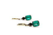 Emerald Green and Black Vintage Jewel Earrings Set in Brass