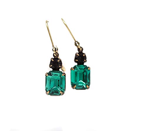 Emerald Green and Black Vintage Jewel Earrings Set in Brass